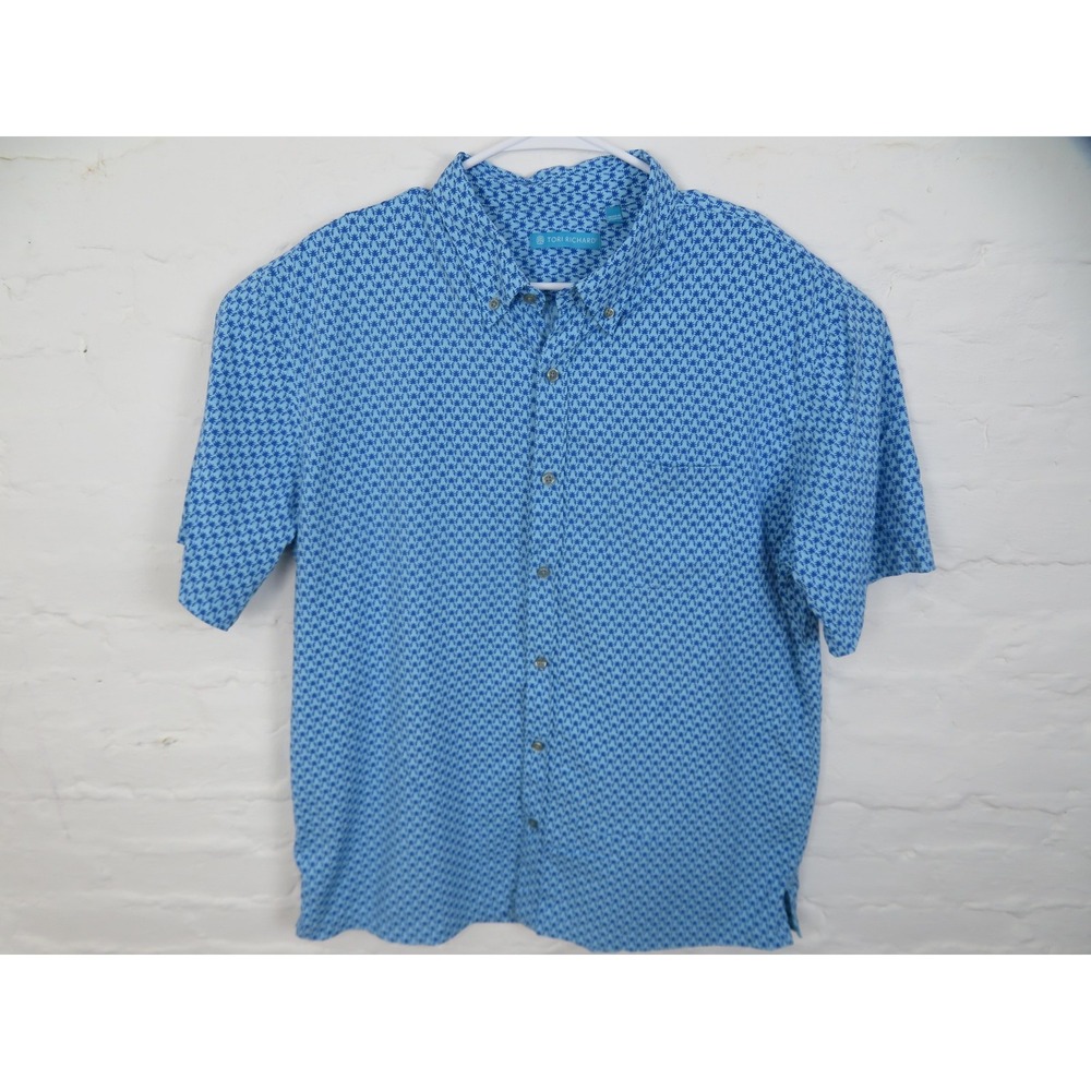 Tori Richard Shirt Mens Large Blue Palm Tree Print Button Down Stretch Casual